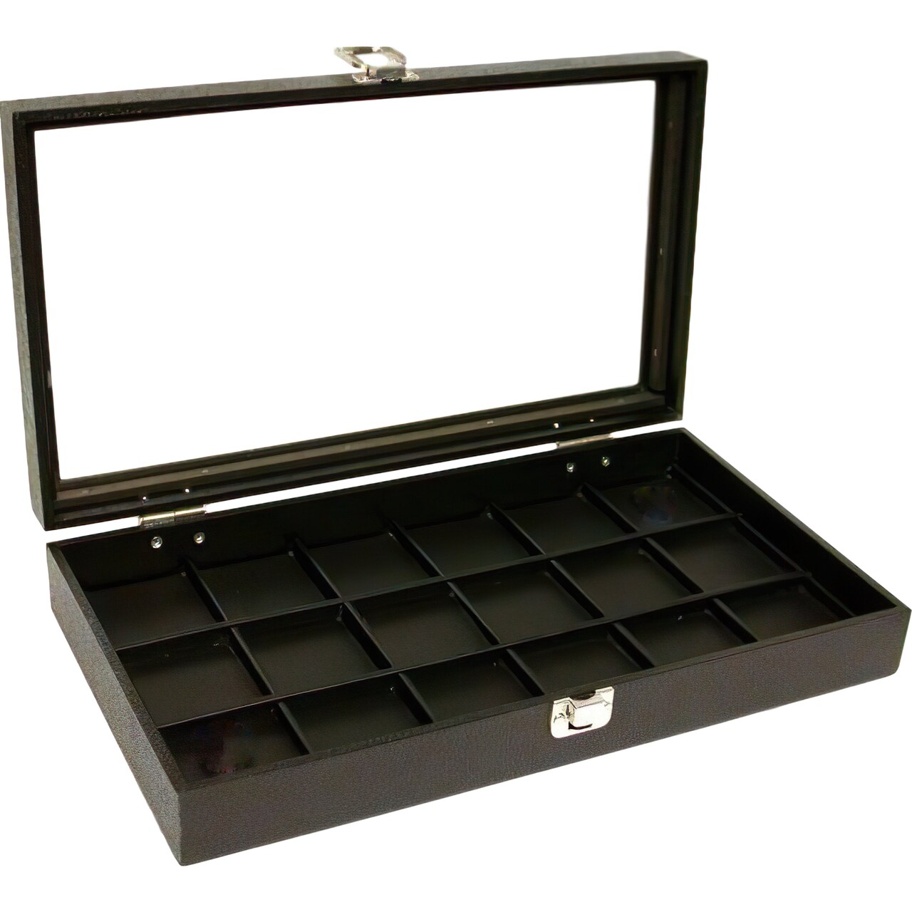 Glass Top Case Black Leather Pocket Watch Jewelry Display Tray